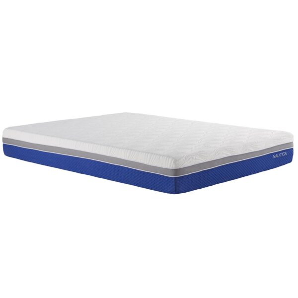 Nautica Calm 10" Memory Foam Mattress angled product photo in white and blue design.
