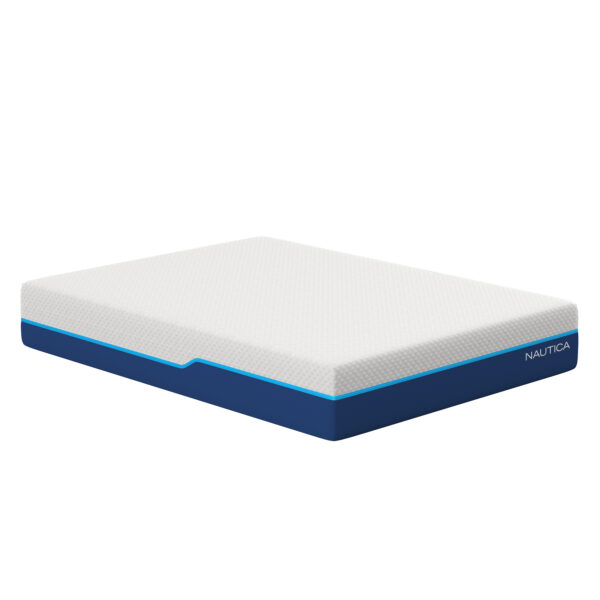 Angled view of the Boyd Sleep Energize 12" Hybrid Mattress with a crisp white top and navy blue base.