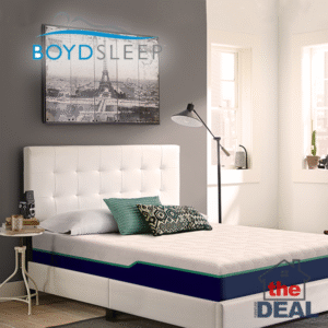 Boyd Sleep Energize 12" Hybrid Mattress displayed in a modern bedroom with tufted white headboard and stylish décor.