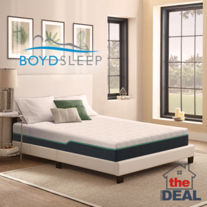 Boyd Sleep 12" Hybrid Mattress staged in a modern bedroom with white bed frame and natural lighting.