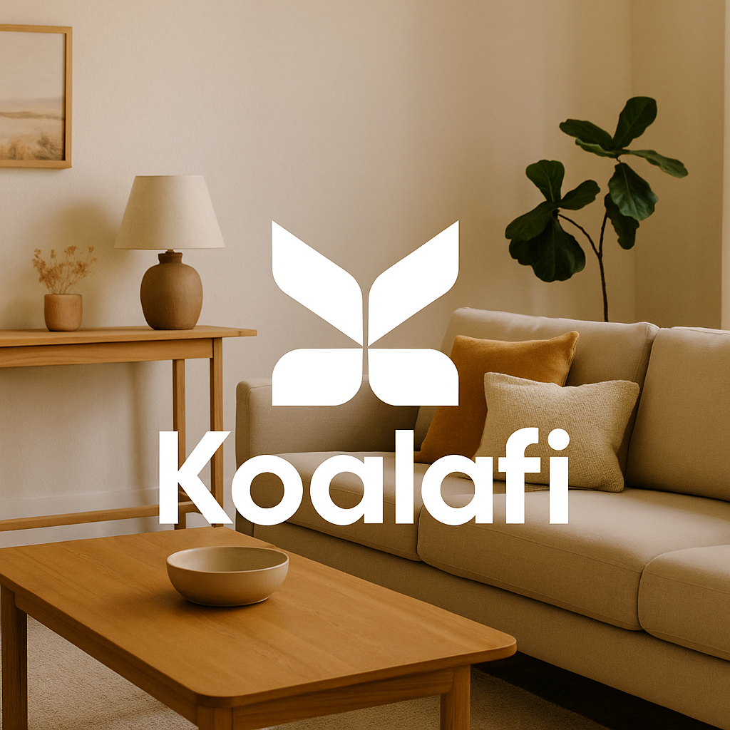 Koalafi logo overlay on a cozy, modern living room background