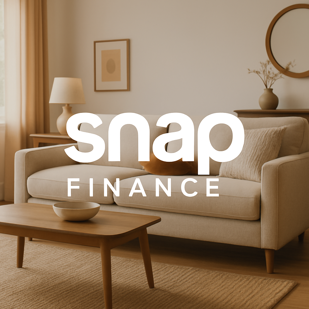 Snap Finance logo overlay on a cozy living room background