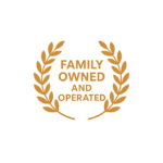 Golden-brown laurel wreath icon with the words “Family Owned and Operated.”