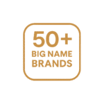 Golden-brown square icon with rounded corners displaying “50+ Big Name Brands.