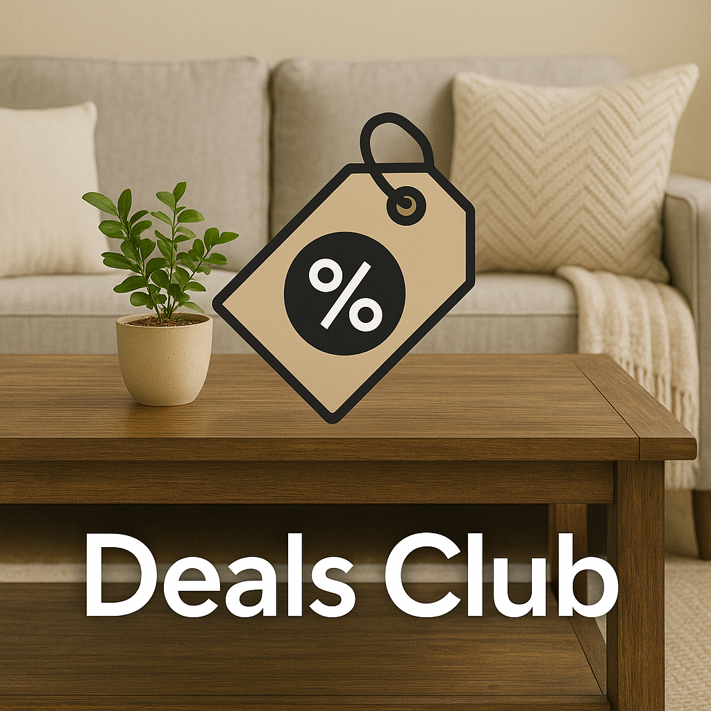 Living room scene with gray sofa, wooden coffee table, and sale tag graphic.