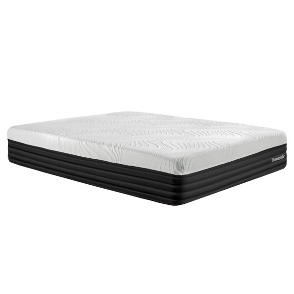 Boyd Sleep Artisan 13" Luxury Hybrid Mattress angled view with white knit cover and black base.
