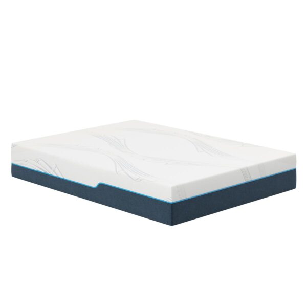 Boyd Sleep 12" Cooling Gel Memory Foam Mattress with white quilted top and navy blue base.